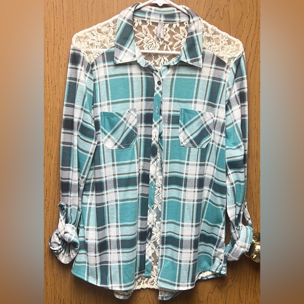 Vanity plaid button up lace top